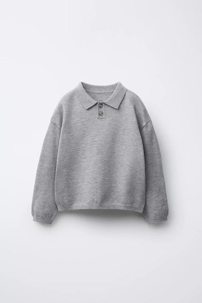 KNIT LONG SLEEVE POLO - GREY