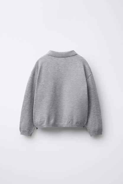 KNIT LONG SLEEVE POLO - GREY